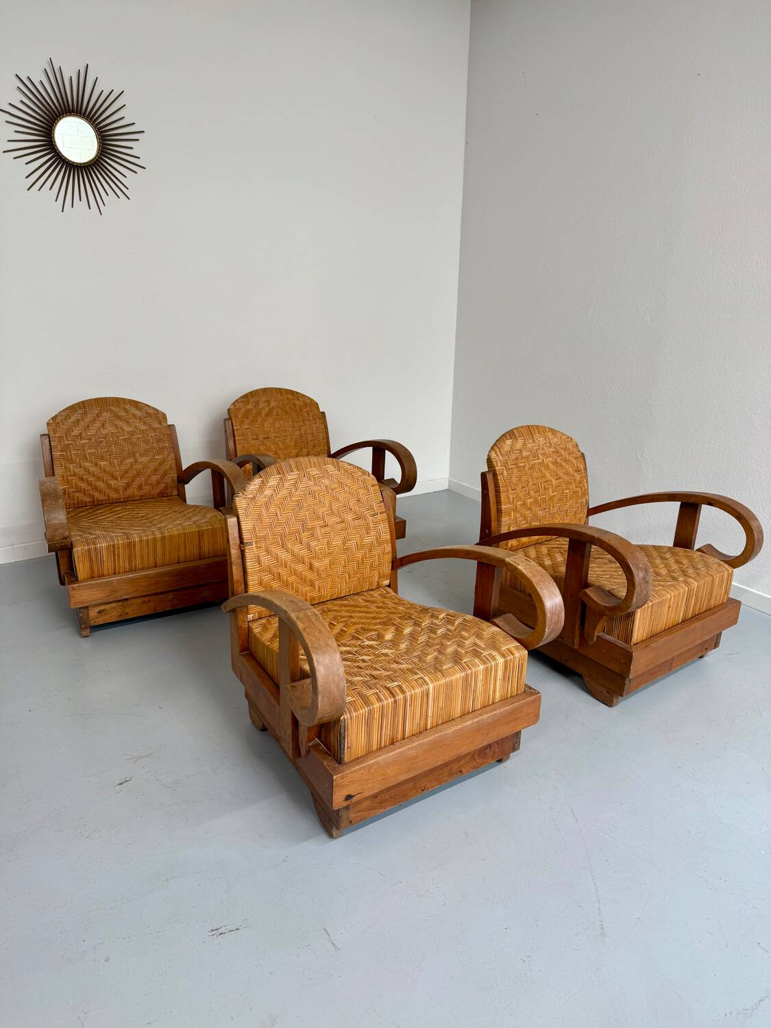 Set of 4 woven rattan armchairs, colonial style, 1950s