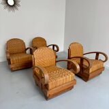 Set of 4 woven rattan armchairs, colonial style, 1950s