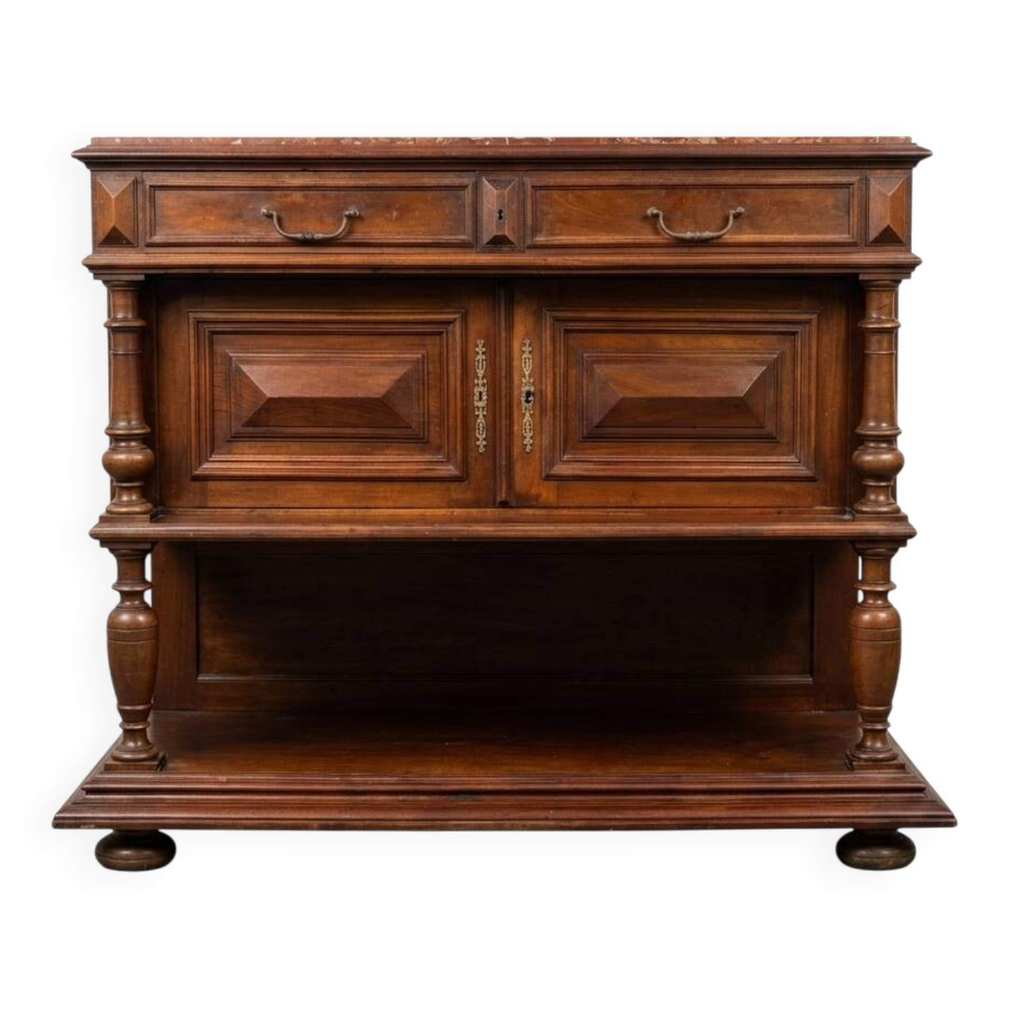 Henri II style console table with a red marble top.