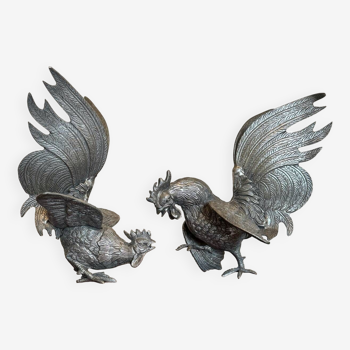 Decorative silver metal roosters from the 70s