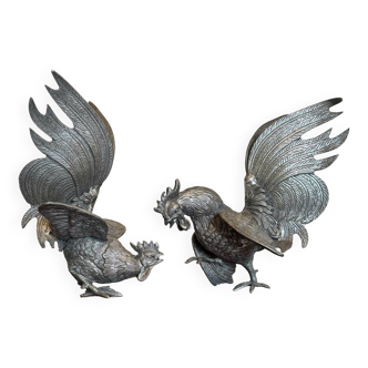 Decorative silver metal roosters from the 70s