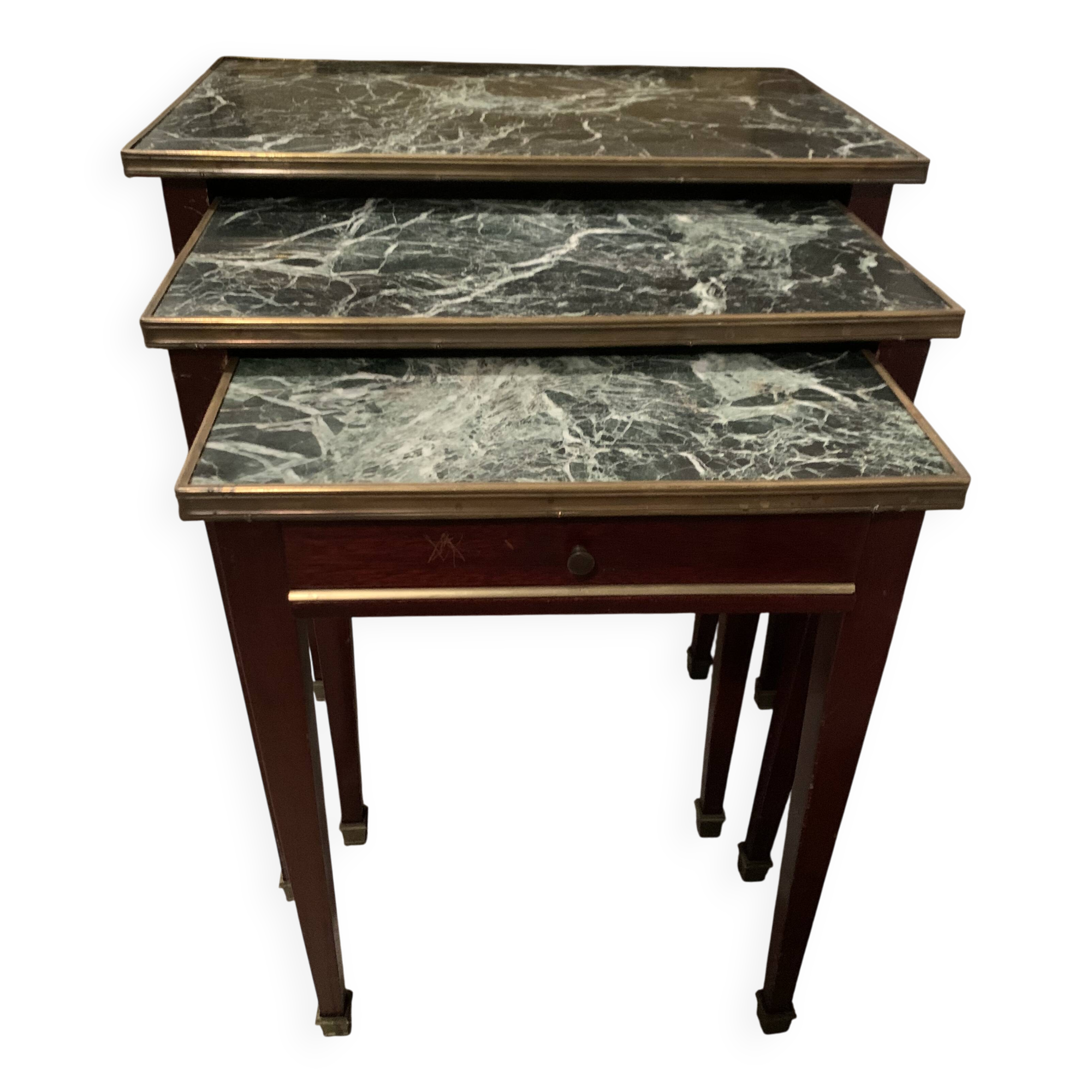 3 nesting tables in green marble and mahogany