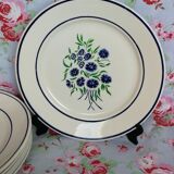 6 assiettes plates anciennes Badonviller francine fleurs bleues et vertes au pochoir