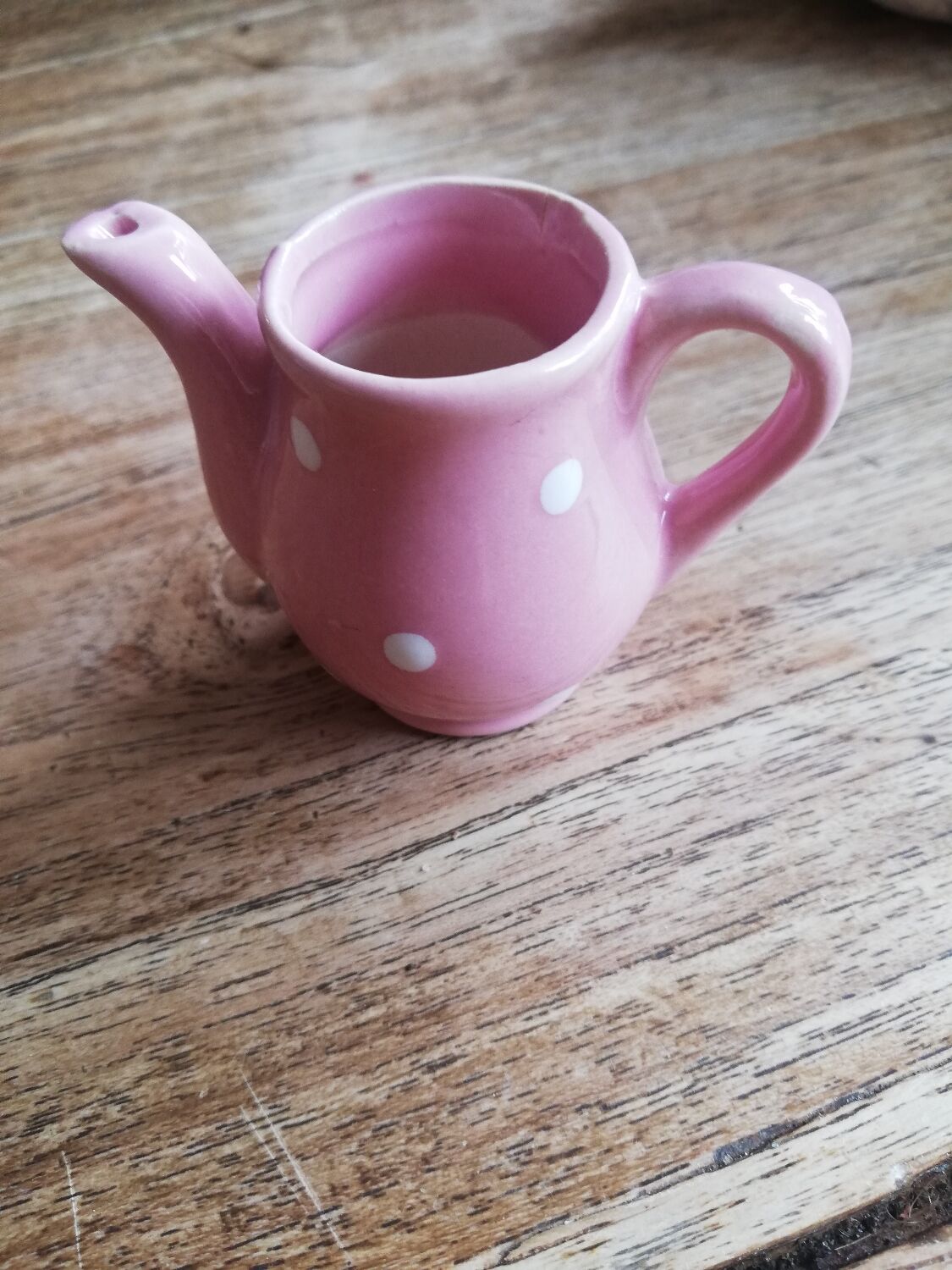Miniature pink pitcher with white polka dots for play kitchen or dollhouse