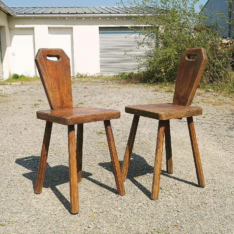 Pair of brutalist vintage chairs wood varnish countryside