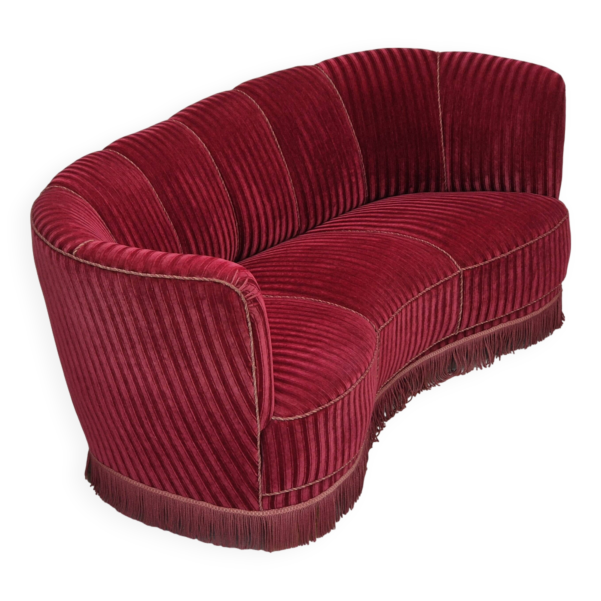 1960s, Danish 3-seater "Banan" sofa, original cherry-red furniture velour.