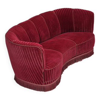1960s, Danish 3-seater "Banan" sofa, original cherry-red furniture velour.