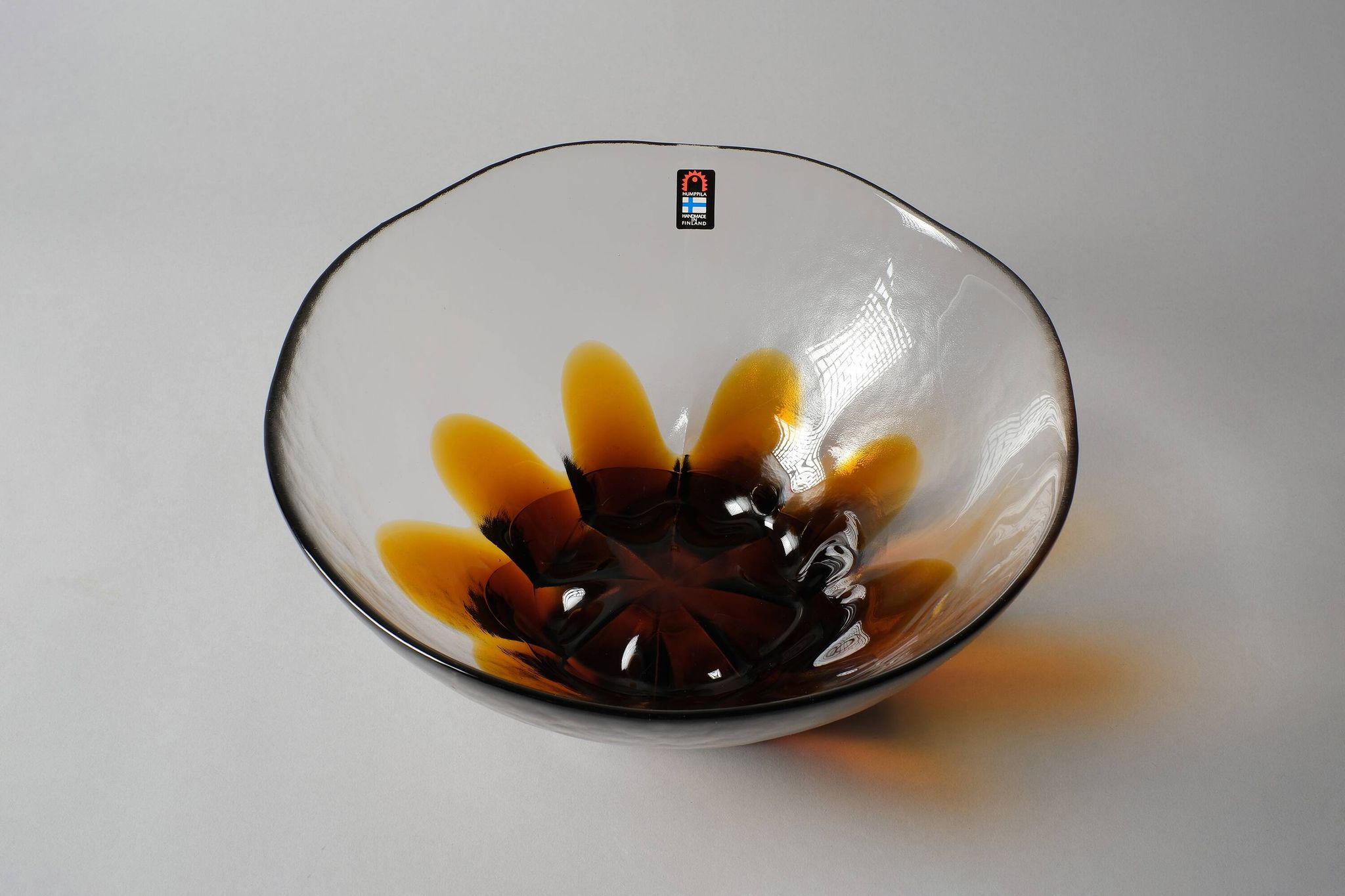 Humppila Finland Amber Art Glass Bowl, MCM Petal Sunburst Design, 1970s.