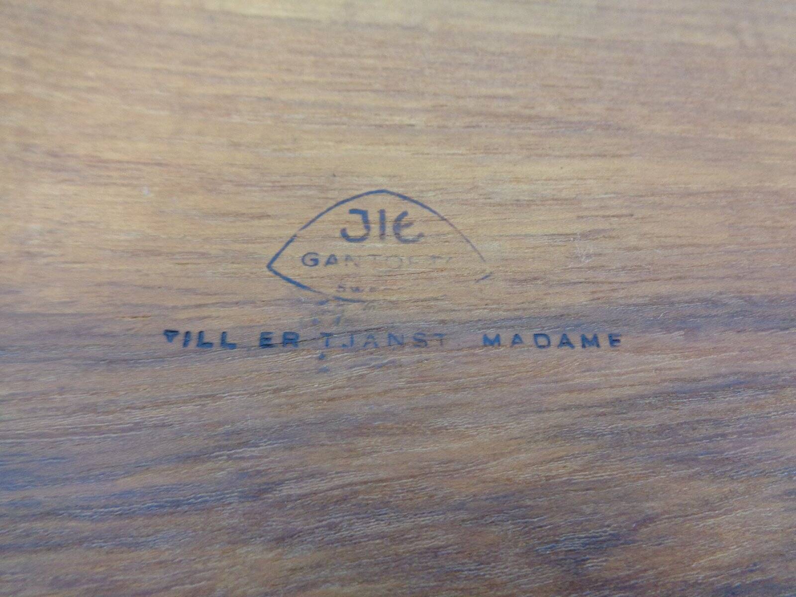 Swedish teak tray with tea cups by Jie Gantofta, 1960s, set of 7.