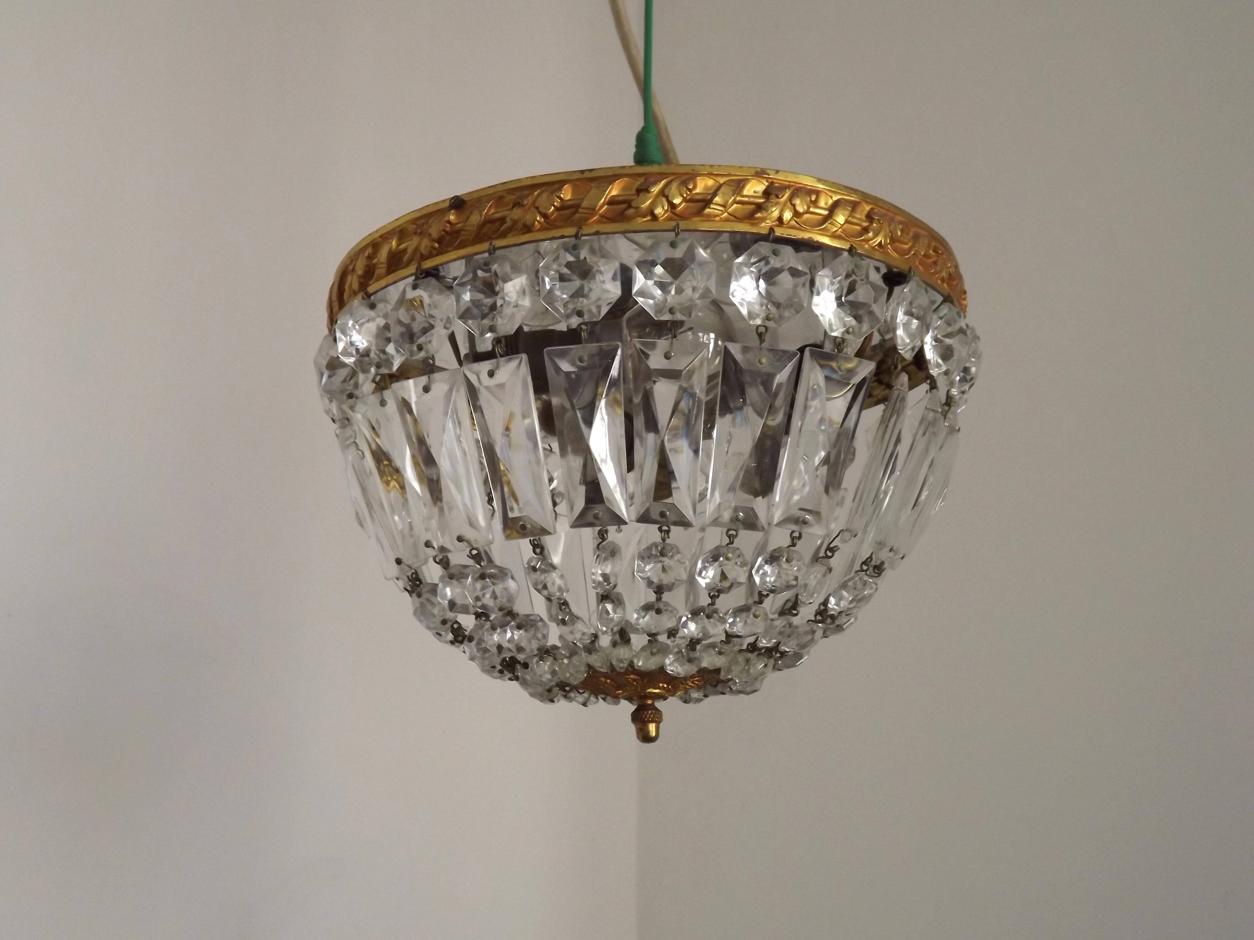 French Mid-Century Bronze and Crystal Bag Light – Flush Mount 5202
