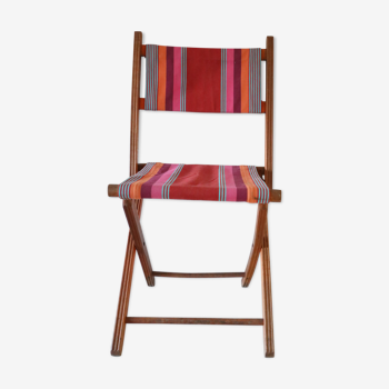Chaise pliante, tissus rayé, bois, vintage