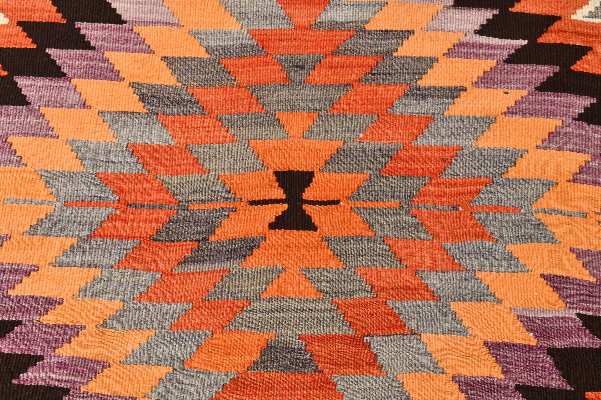 Purple & Orange Geometric Kilim Rug, 126x253Cm