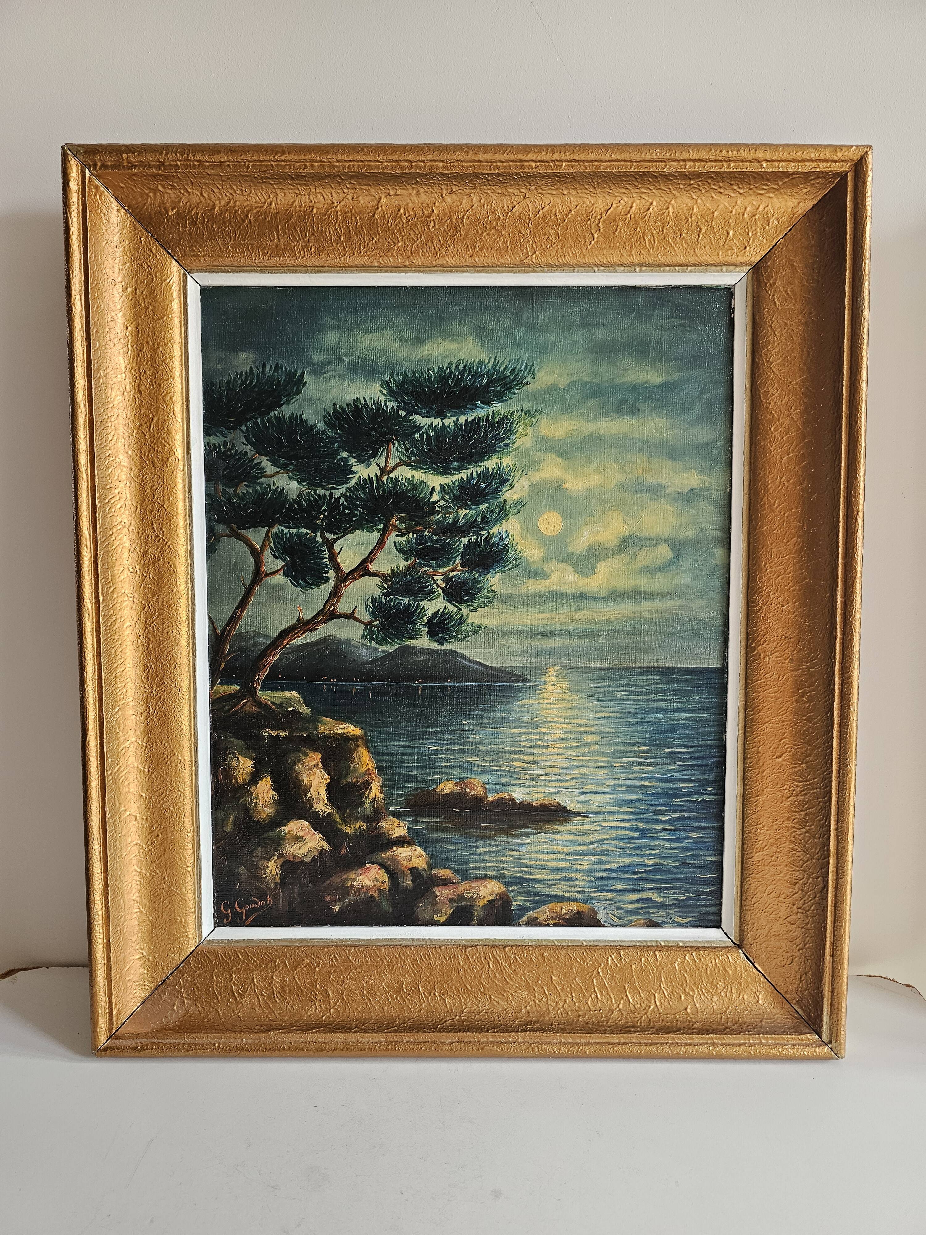 Oil on Panel - Marine Mediterranean Landscape at Night G Goudon