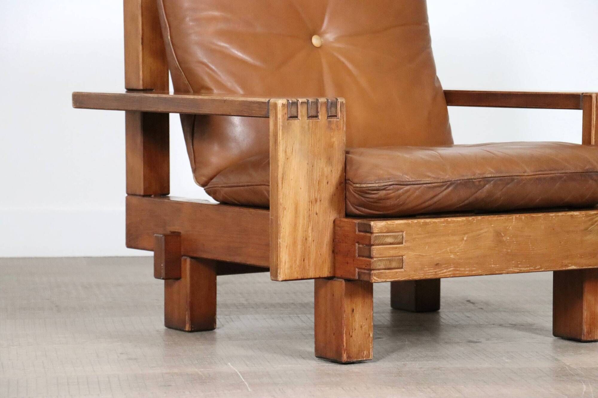 Midcentury Modern Brutalist Lounge Chair In Oak And Leather, Italy 1970s