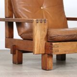 Midcentury Modern Brutalist Lounge Chair In Oak And Leather, Italy 1970s
