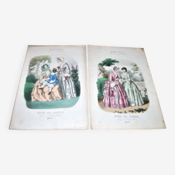 Lot of 2 Belle Epoque fashion engravings "True Fashions Museum of Families" 19th century