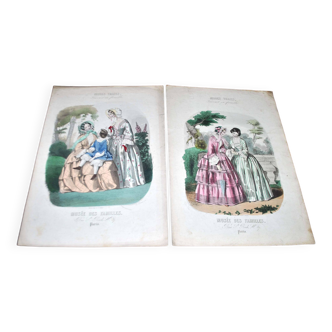 Lot of 2 Belle Epoque fashion engravings "True Fashions Museum of Families" 19th century