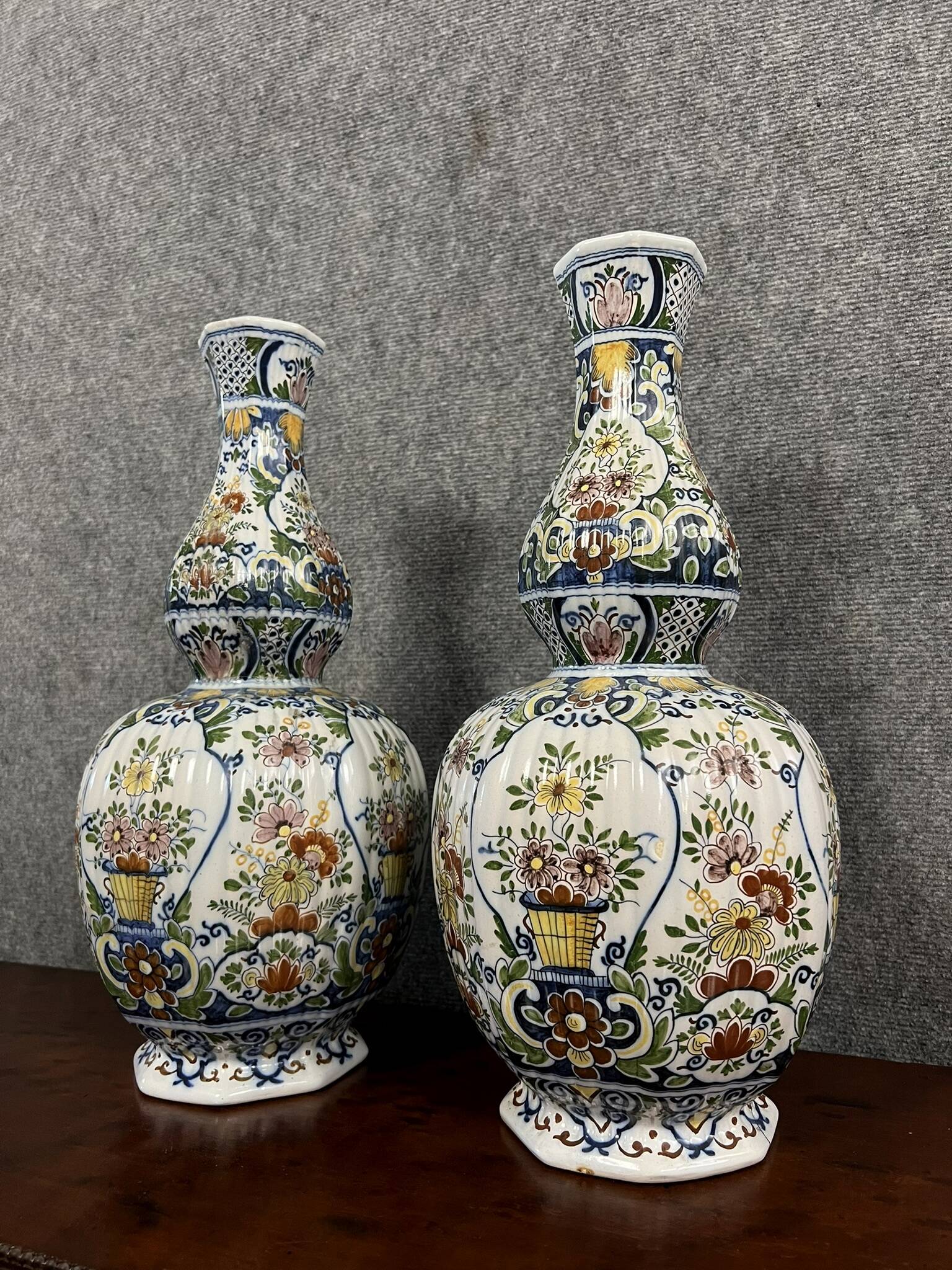 Rouen: pair of flower vases, hand painted around 1880-1900