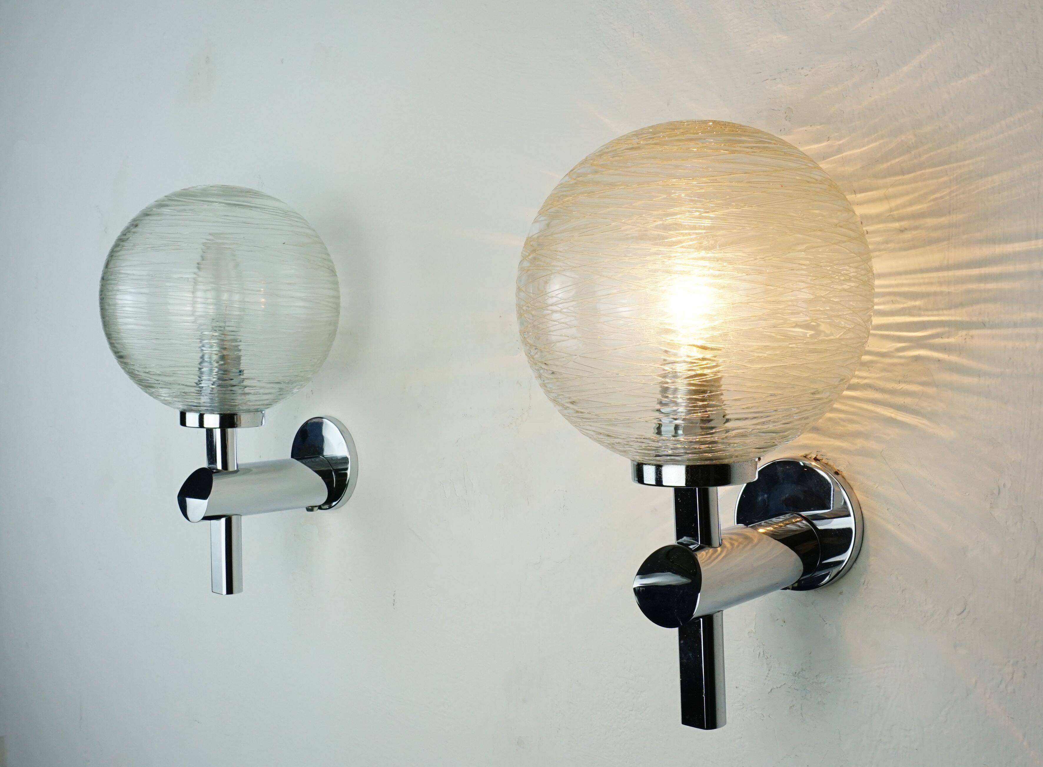 Pair of vintage wall lights structured glass and chrome 1970/80