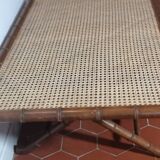 Table basse en teck sculpté et cannage 1970