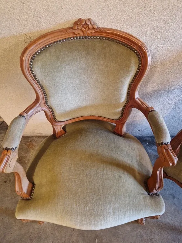 Pair of Louis XV style armchairs in cherry wood, upholstered in green velvet.