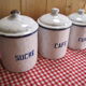 6 old spice pots in white and blue enamelled sheet metal