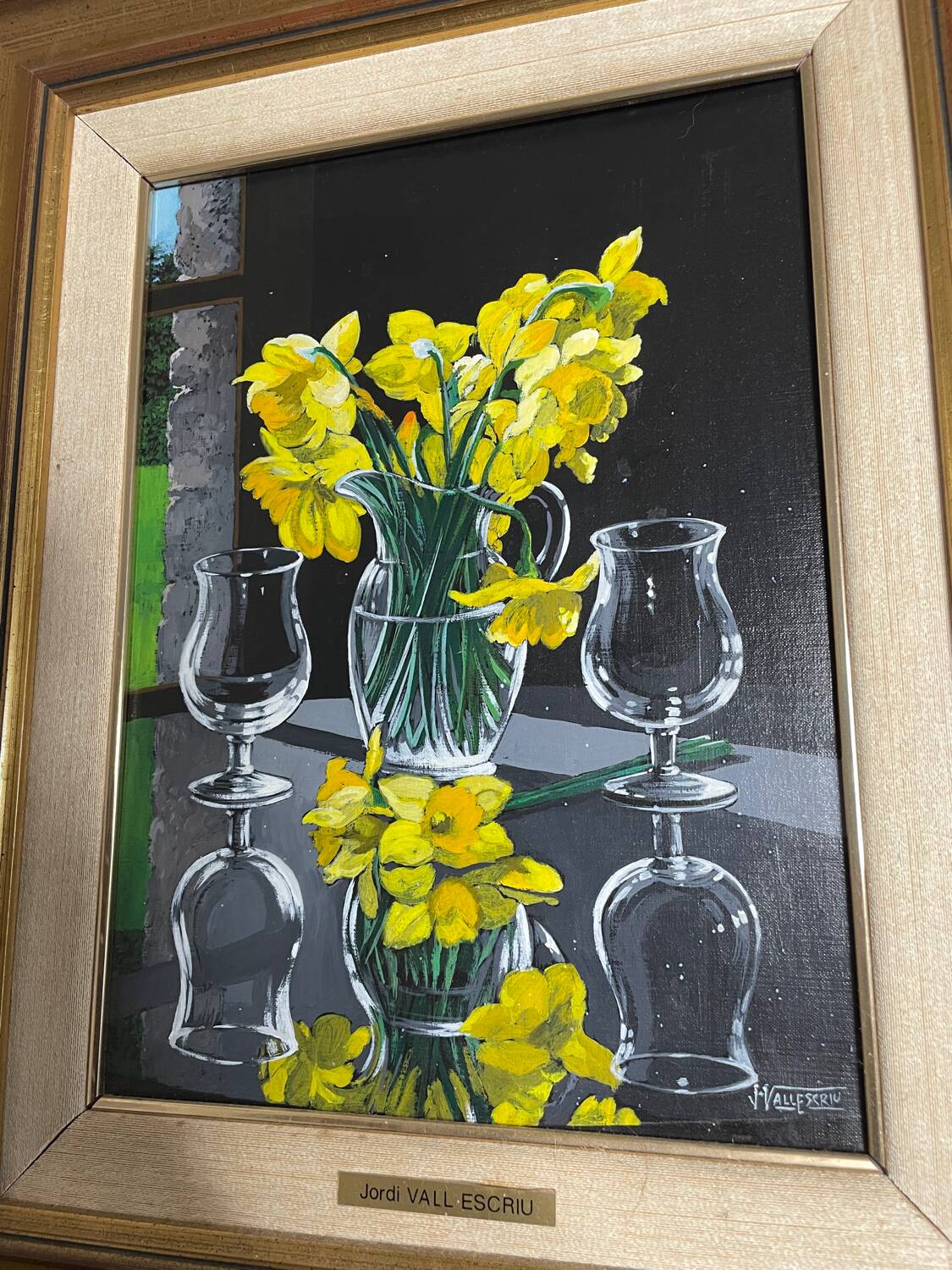 Oil on canvas signed Jordi Vall Escriu Yellow narcissus and two cups
