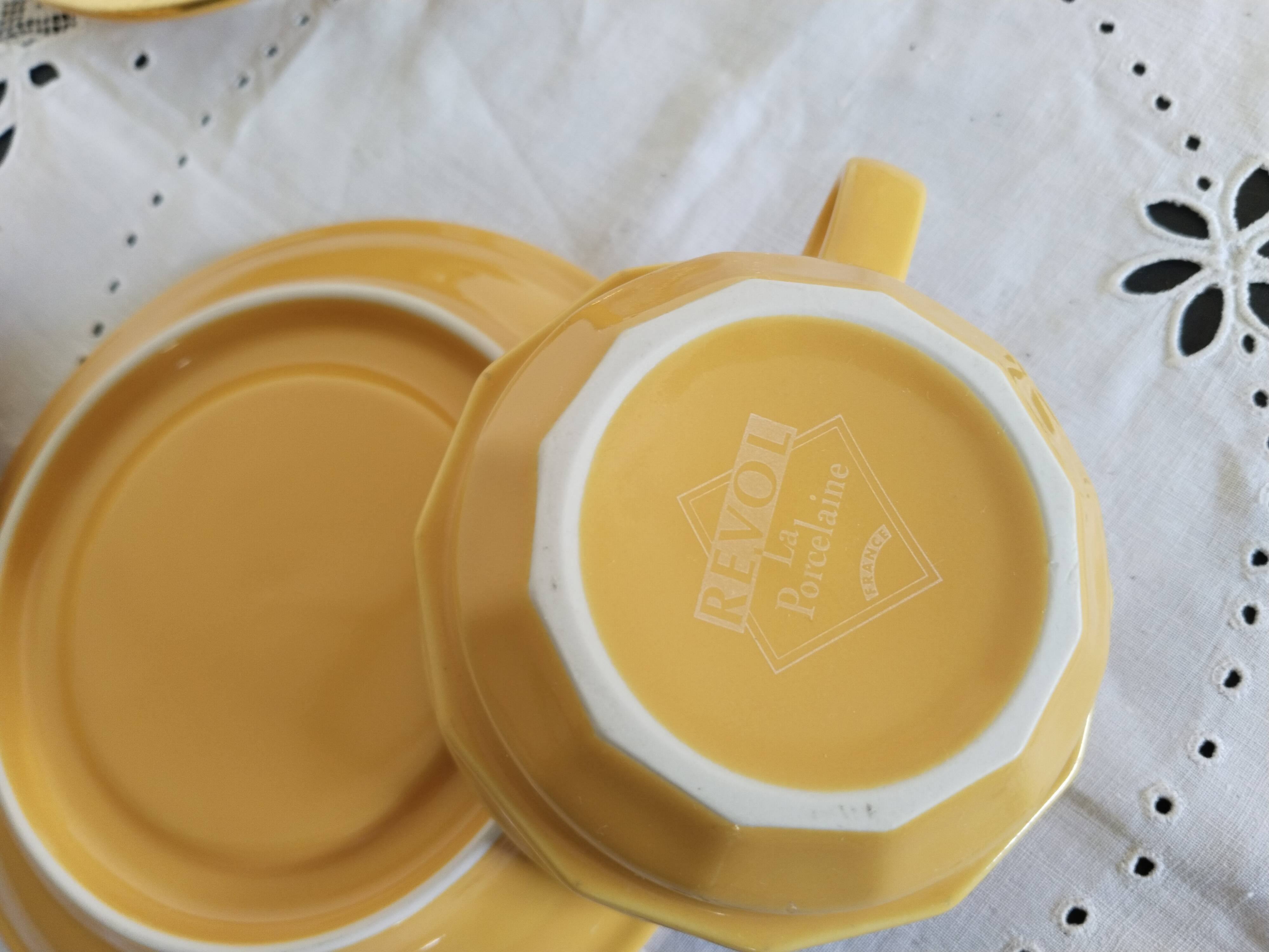 Apilco yellow chocolate cups and saucers, porcelain, Revol