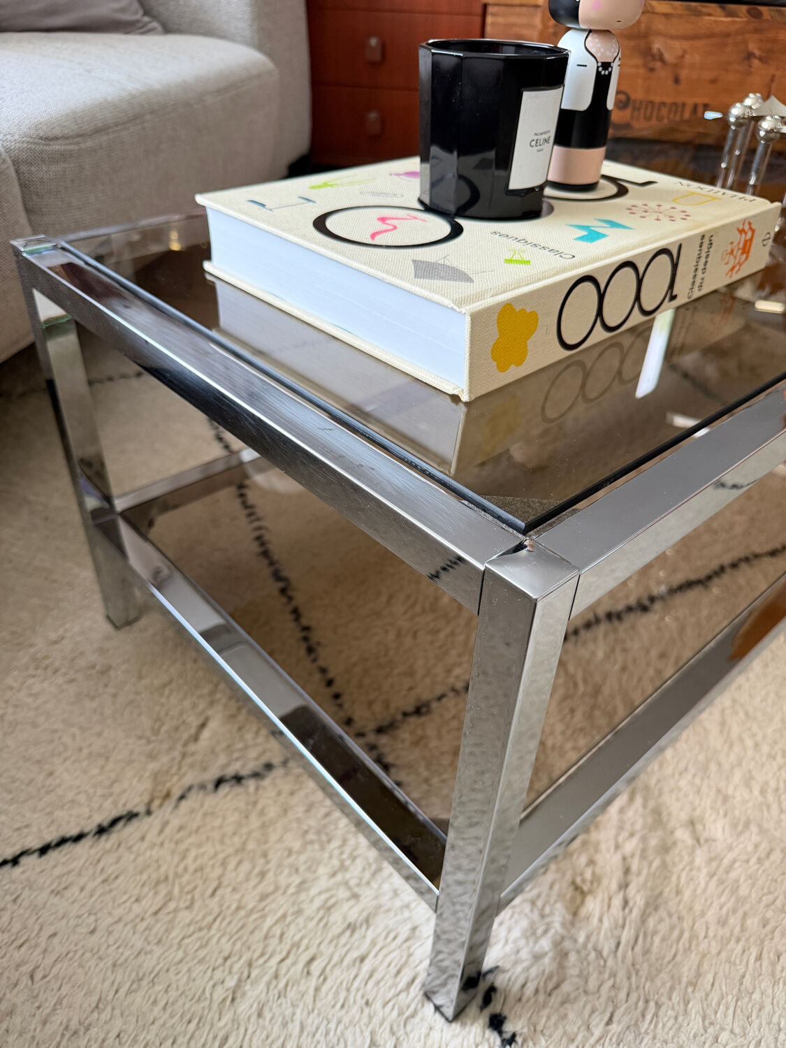 Table Basse Vintage Chrome & Verre Fumé (Style Belgo Chrom)