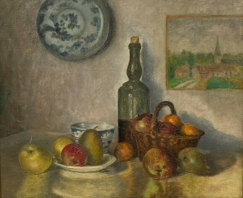 J poisat oil on canvas still life with fruits composition stucco frame