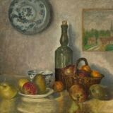 J poisat oil on canvas still life with fruits composition stucco frame