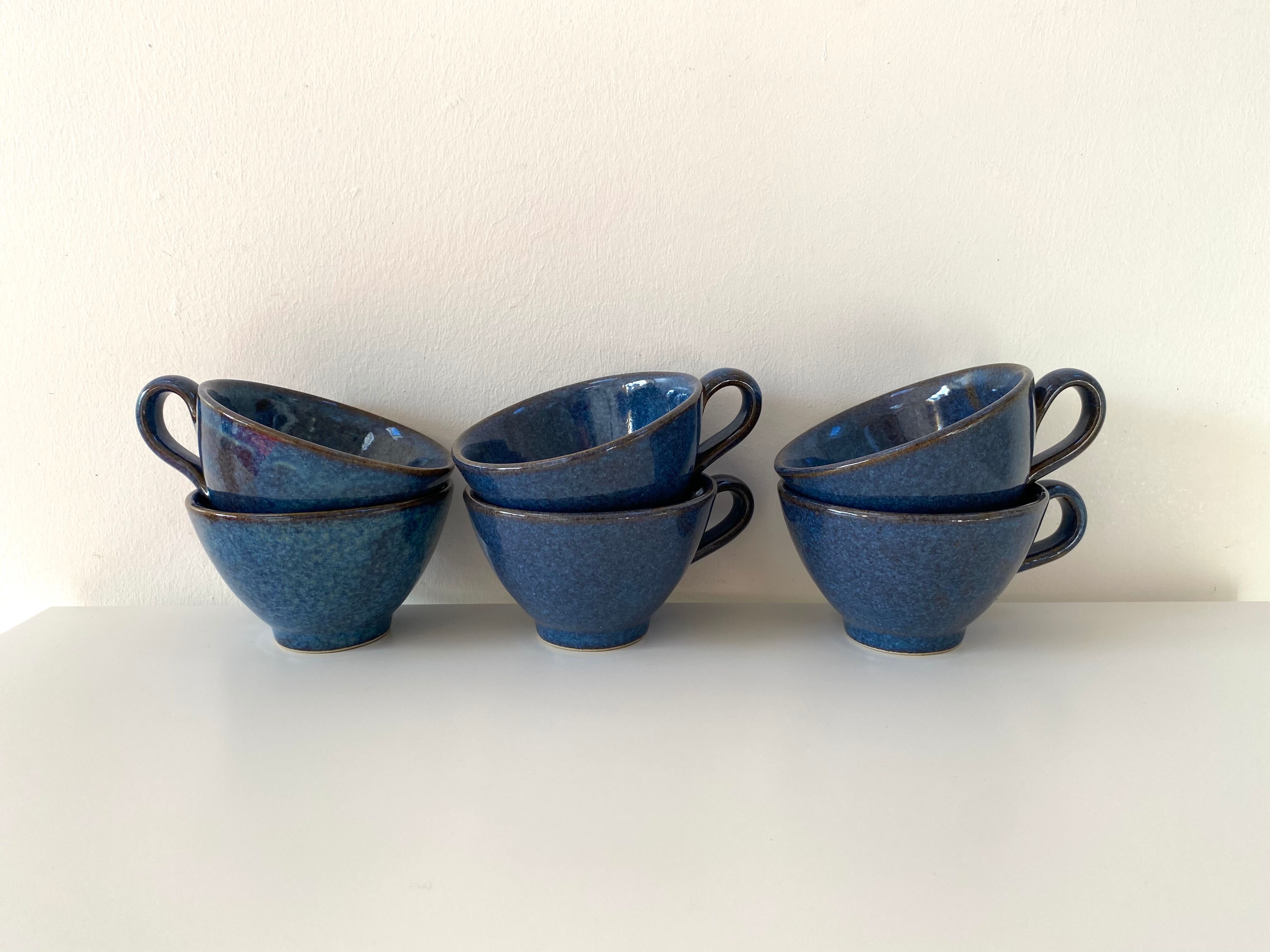 Set of 6 cups or cider bowls in glazed blue stoneware