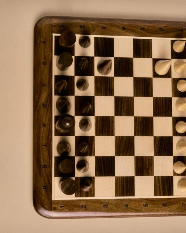 Wooden chessboard, geometric pieces