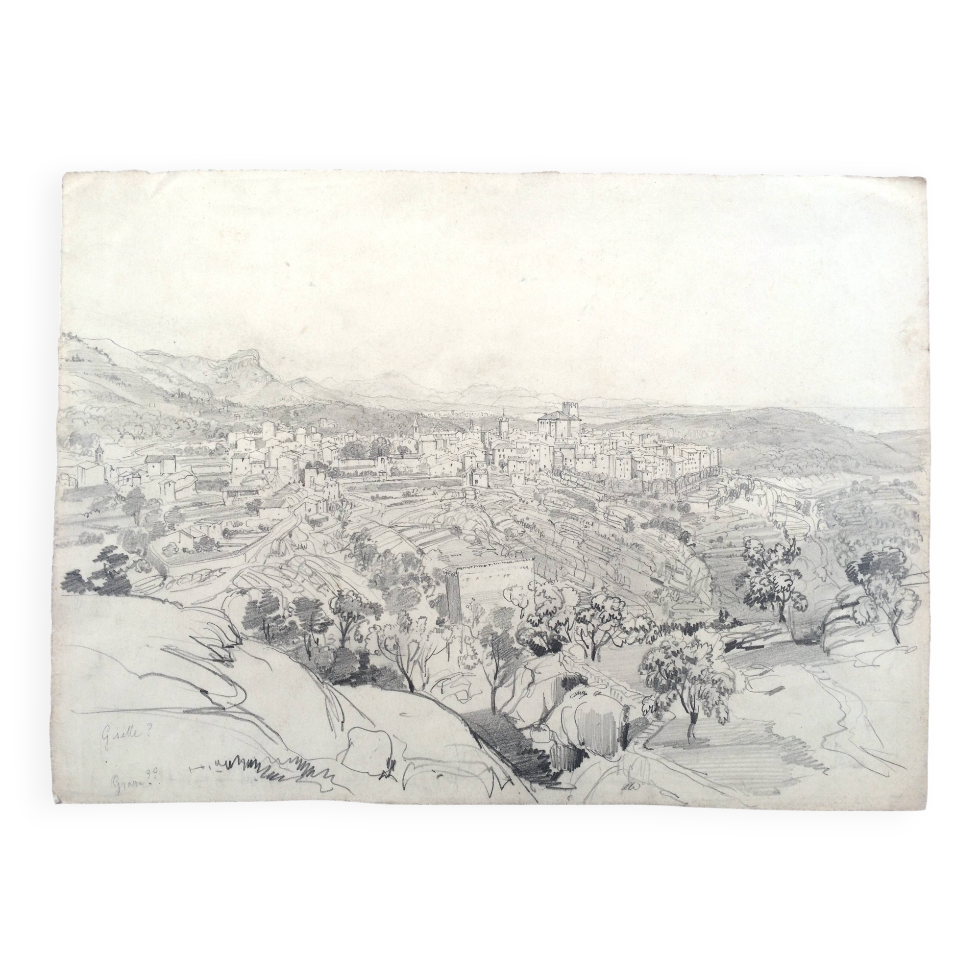 Félix BENOIST, Presumed view of Grasse. Pencil drawing, 19th century