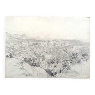 Félix BENOIST, Presumed view of Grasse. Pencil drawing, 19th century