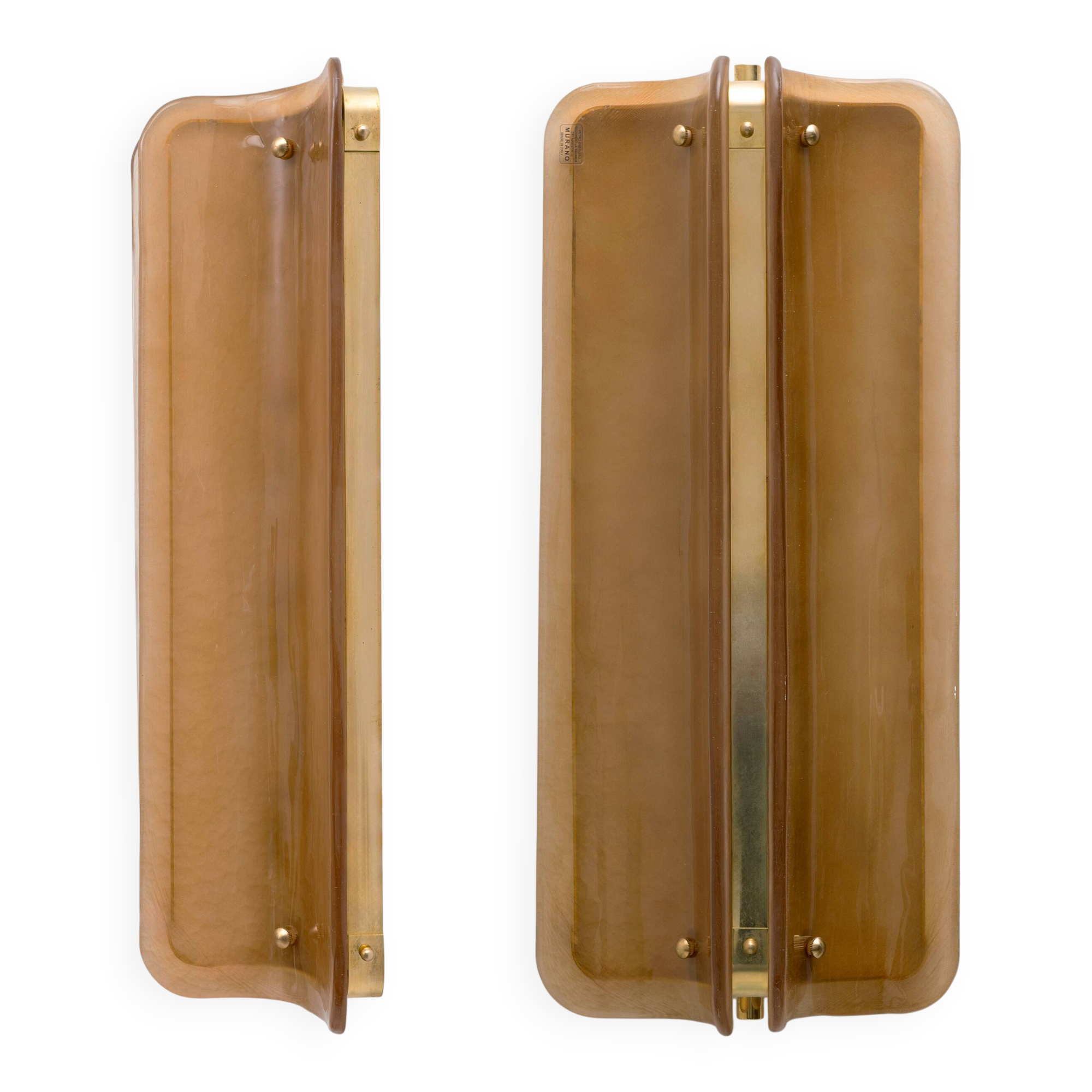 Pair of Big Curved Amber Murano Glass and Brass Wall Sconces