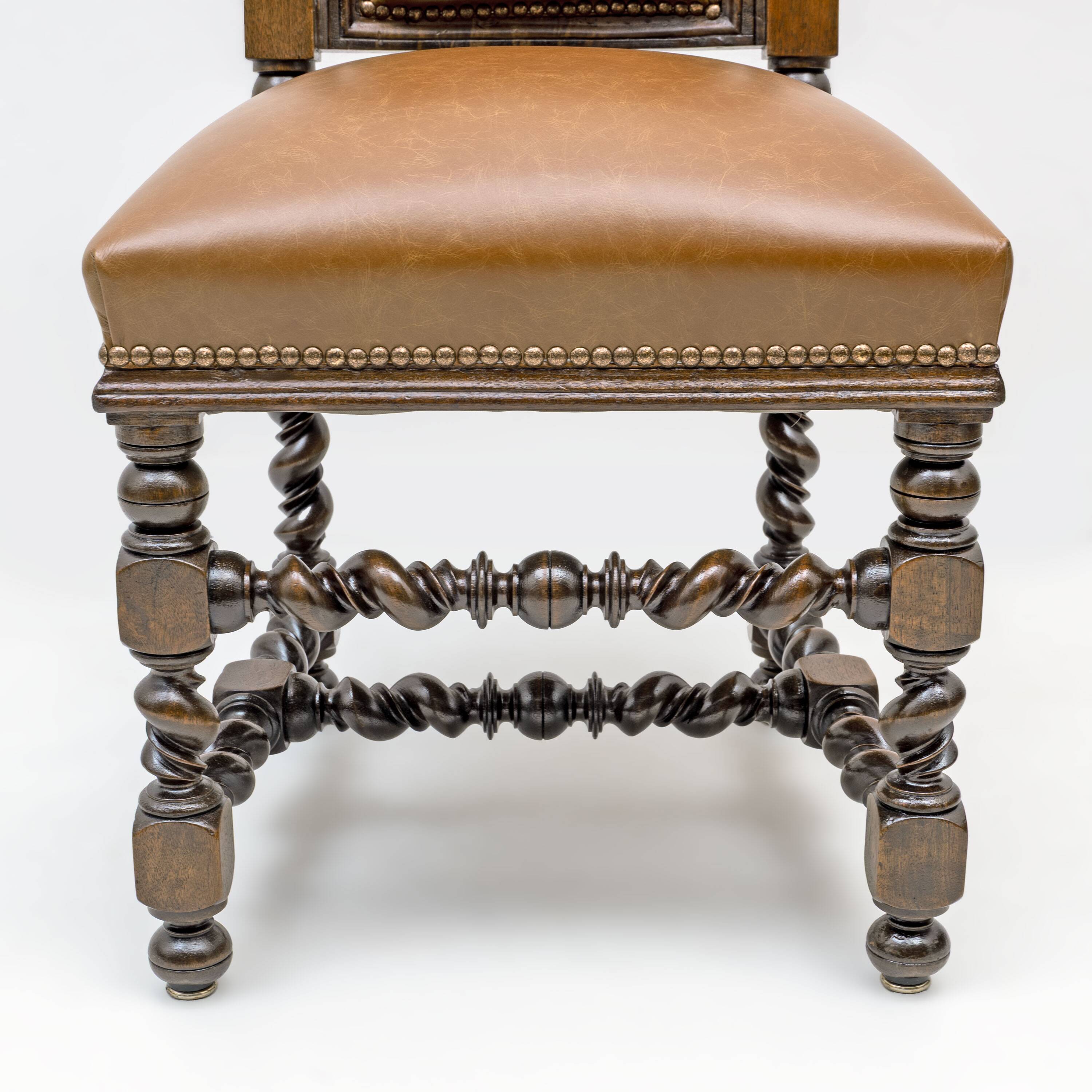Six Antique Italian Neo-Renaissance Walnut Dining Chairs in Genuine Leather