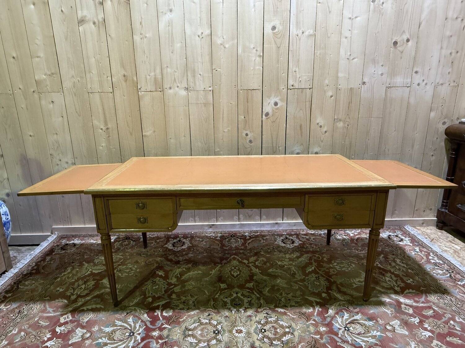 Louis XVI style flat desk in cherry wood and leather