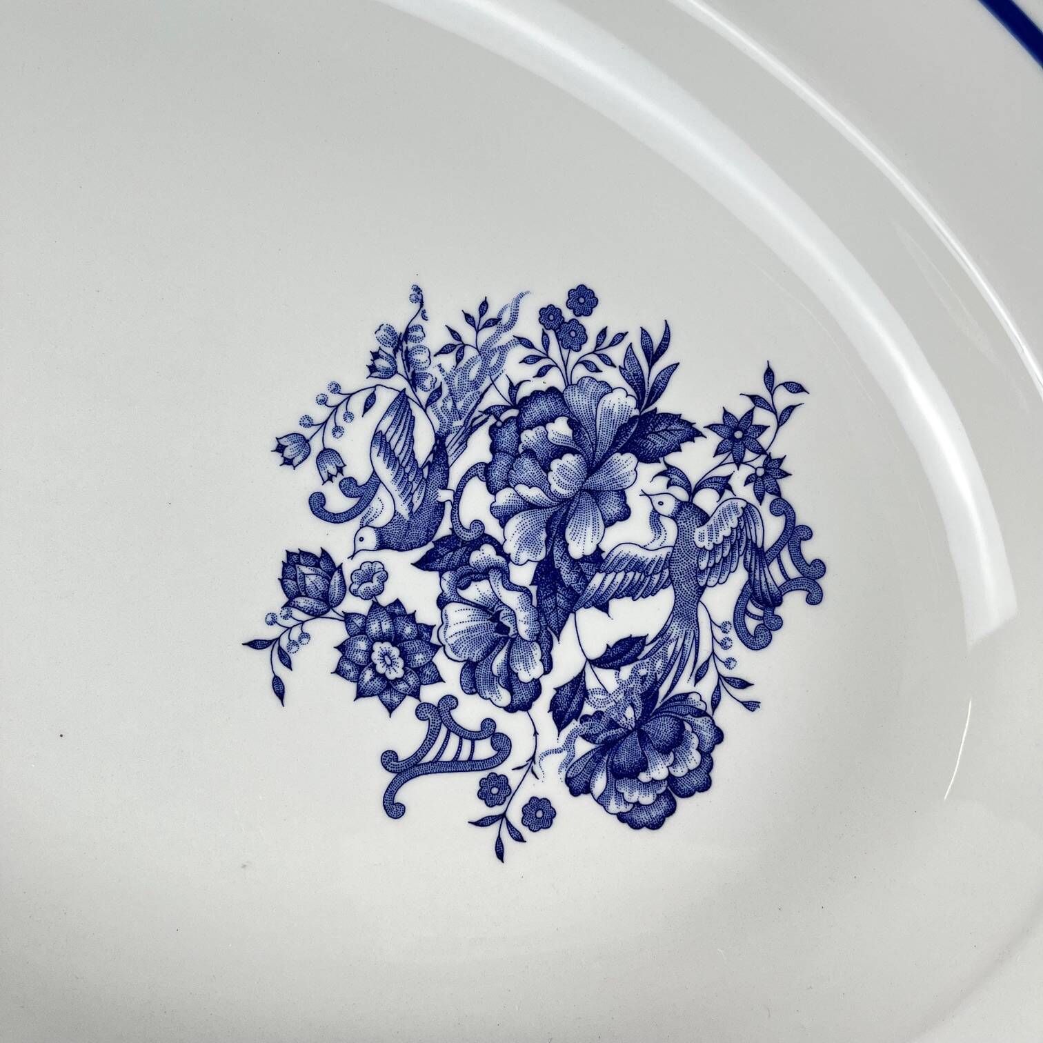 Large white & blue oval dish, bird and flower motif