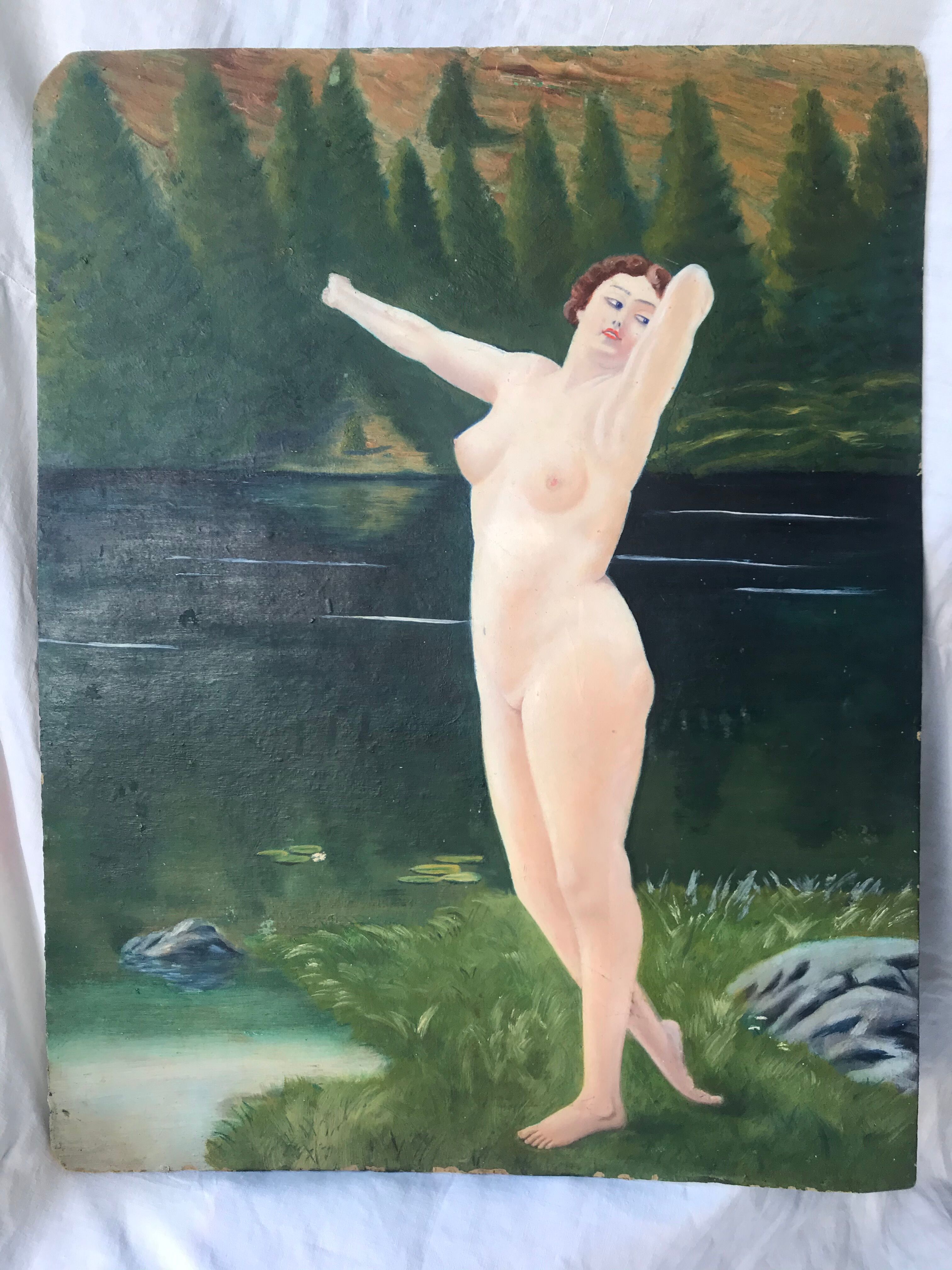 Old oil painting on large format cardboard 1920 nymph at the edge of a lake