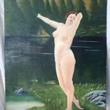 Old oil painting on large format cardboard 1920 nymph at the edge of a lake