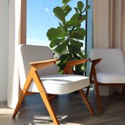 Vintage white armchairs natural wood buckle Scandinavian furniture