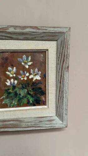 Mid-Century Oil on Panel “Flowers” by Unknown Artist, Vintage & Framed 20 × 23cm