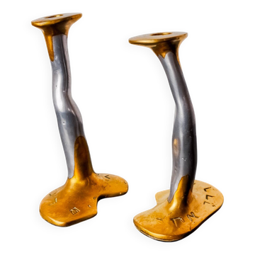 Paire de bougeoirs brutalistes par David Marshall en bronze et aluminium, Espagne 1970