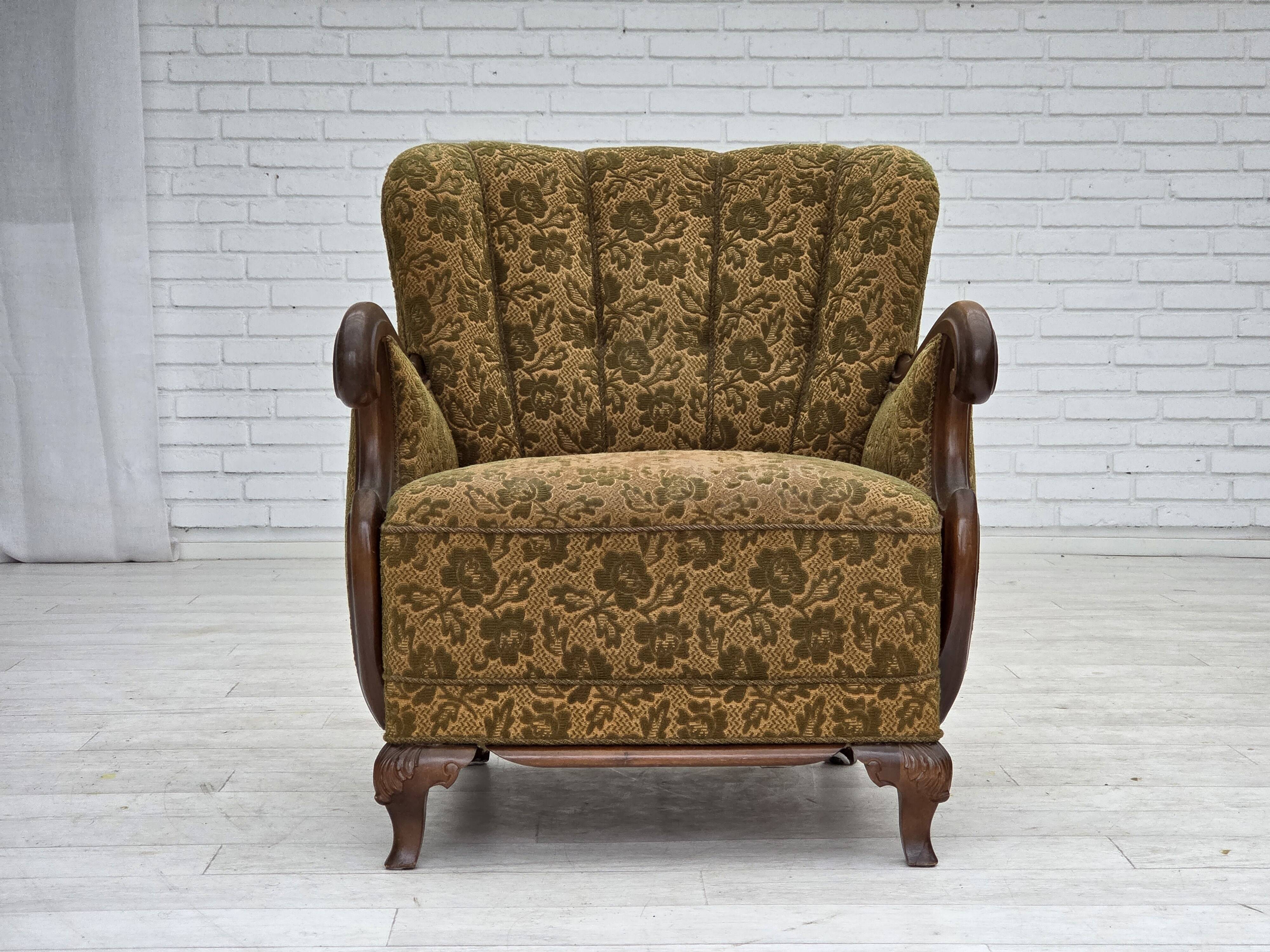 1950s, Danish armchair, furniture wool, hand carved oak wood.