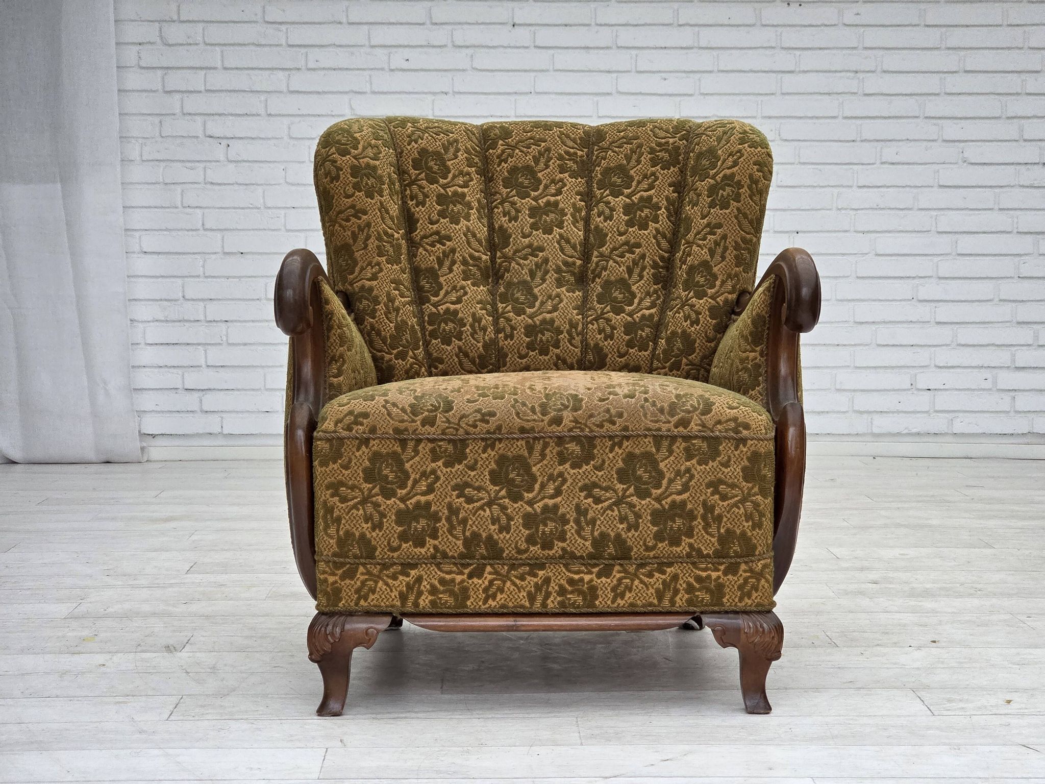 1950s, Danish armchair, furniture wool, hand carved oak wood.