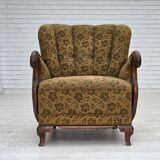 1950s, Danish armchair, furniture wool, hand carved oak wood.