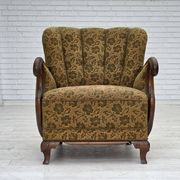 1950s, Danish armchair, furniture wool, hand carved oak wood.