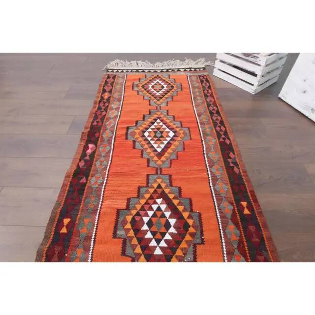 1970s Vintage Turkish Hand-Knotted Wool Cotton Orange Runner Rug 92x320