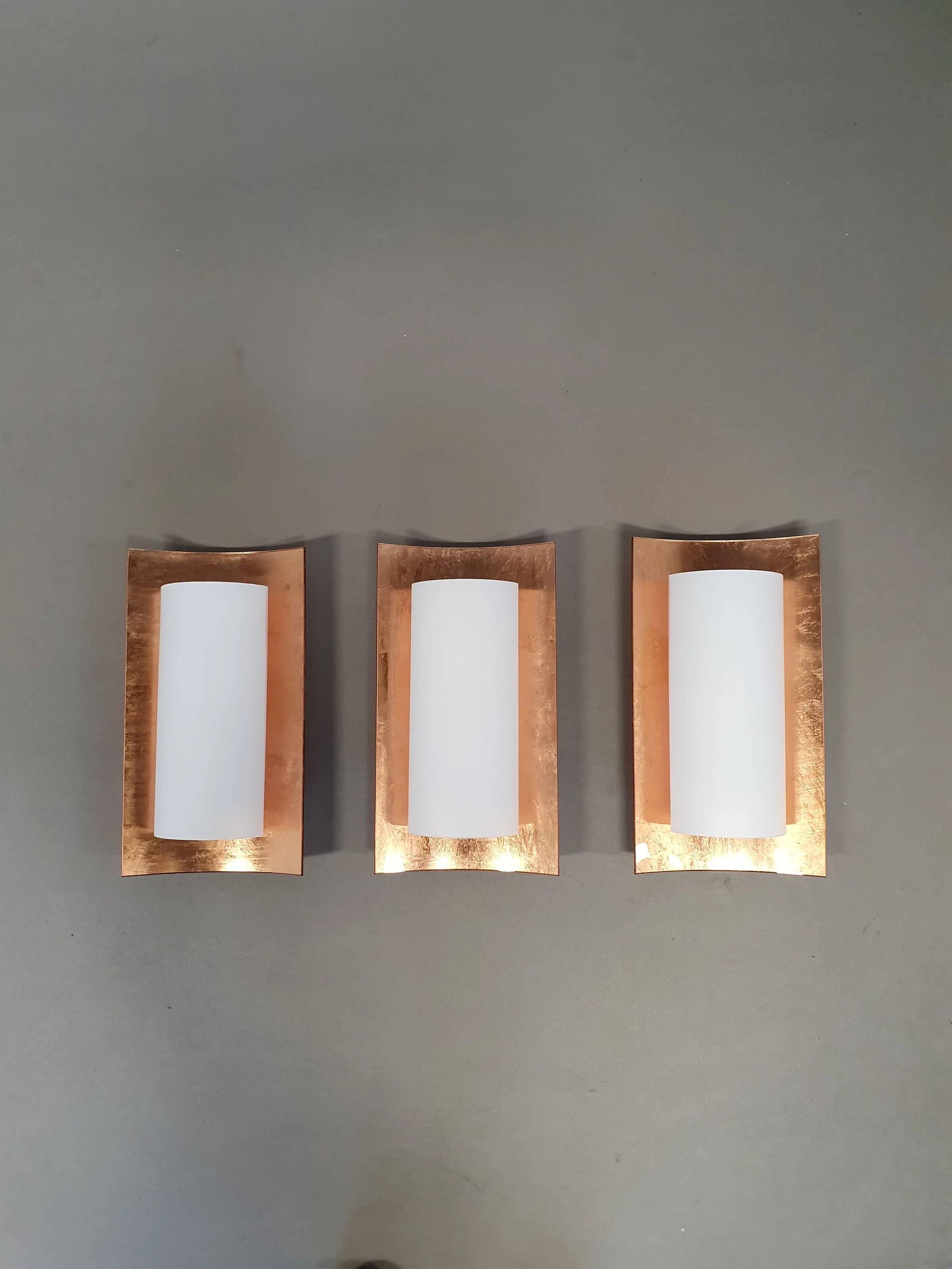 3 x Bankamp Leuchten sconces / wall lights '80s white glass / glass with a layer of copper